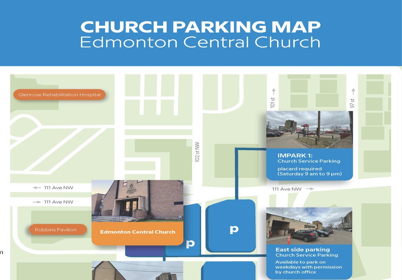 Map showing visitor parking areas near Edmonton Central Seventh-day Adventist Church at 10131 111 Avenue NW, including on-site lots and the church service parking on 111 Avenue NW.