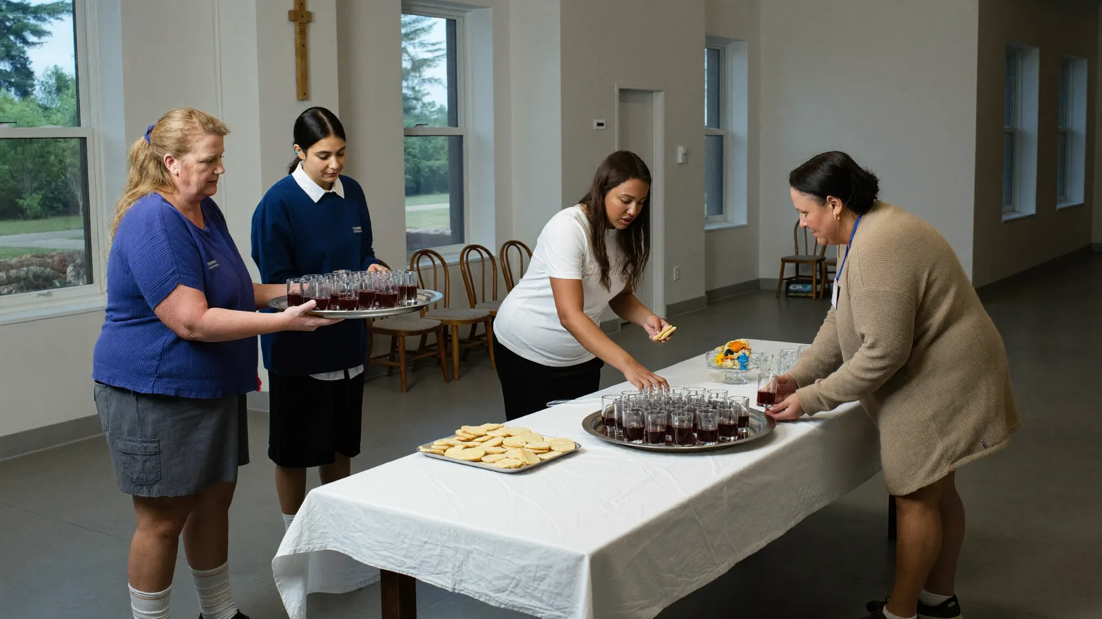 Volunteers preparing the communion trays before a Sabbath service