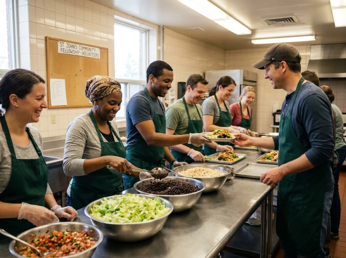 Volunteers preparing fresh plant-based food in the church kitchen at Edmonton Central