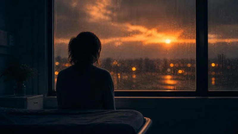 Why Suffering? &mdash; a person alone at a rain-streaked window at dusk
