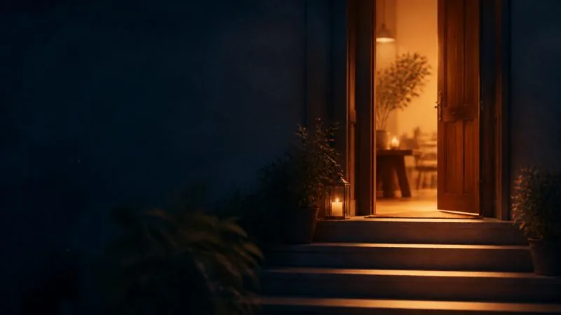 A warm, welcoming open doorway at dusk